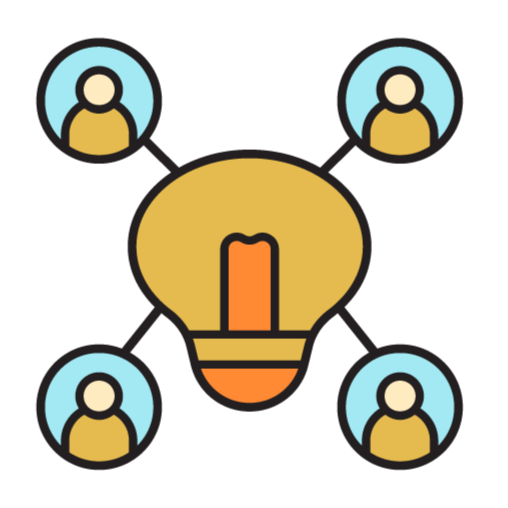 Simple illustration of a lightbulb with 4 people connected by lines.