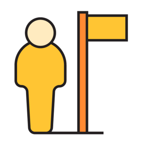 Simple illustration of a person standing next to a flag.