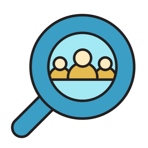 Simple illustration of three people in the middle of a magnifying glass.