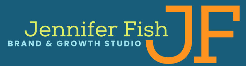 Jennifer Fish Brand & Growth Studio logo Brightly colored text against a dark blue background: Jennifer Fish Brand & Growth Studio