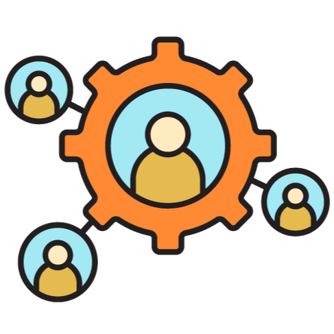 Simple illustration of a person in the middle of a gear, with three other people around it.
