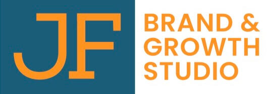 Text logo: JF in orange against a dark blue background. Brand & Growth Studio in orange text.