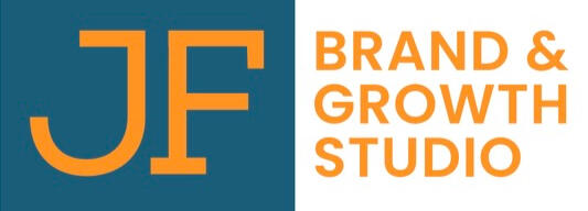 JF Studio logo Text logo: JF in orange against a dark blue background. Brand & Growth Studio in orange text.